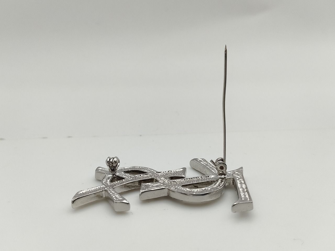 Yves Saint Laurent Ysl Logo Brooch Rhinestone Silver