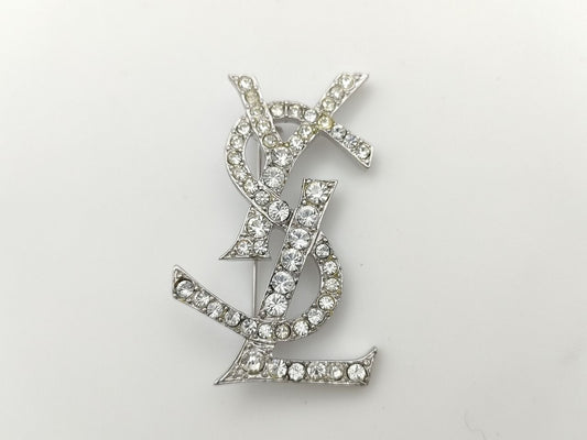 Yves Saint Laurent Ysl Logo Brooch Rhinestone Silver