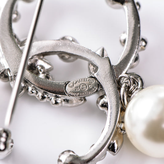 Chanel  Crystal Pearl Drop CC Brooch Silve