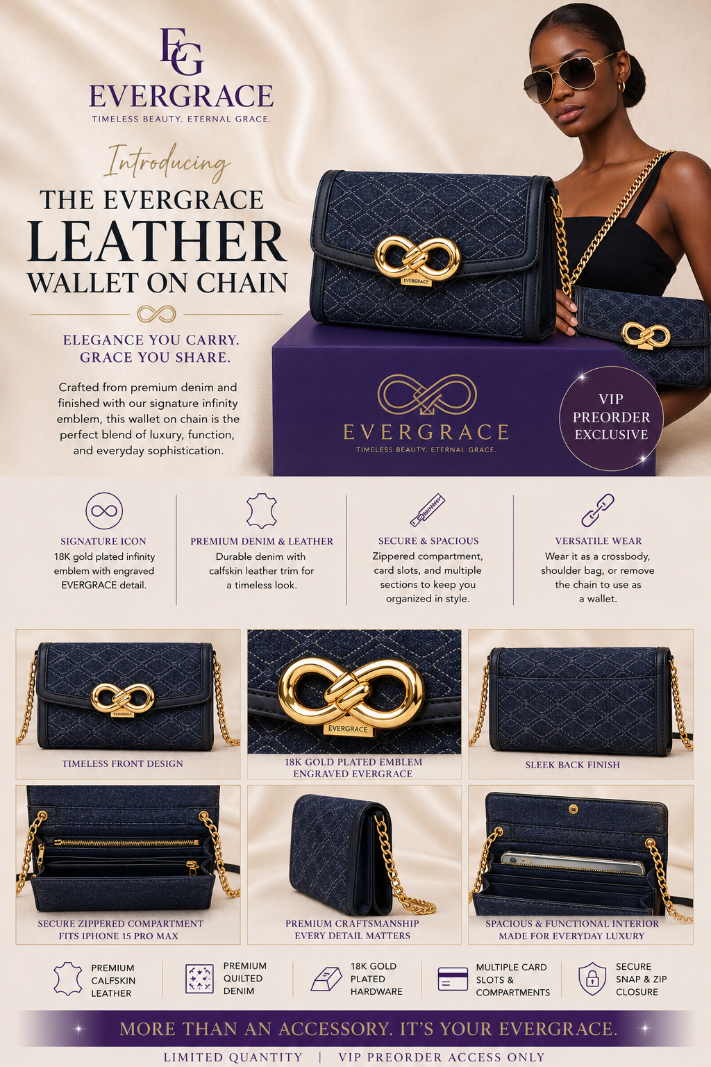 EverGrace Infinity Quilted Denim Wallet on Chain