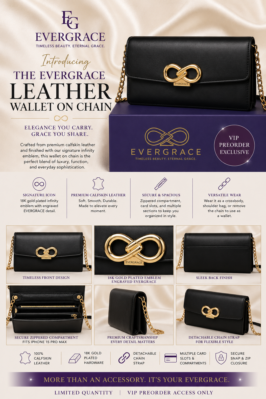 EverGrace Infinity Black Leather Wallet on Chain