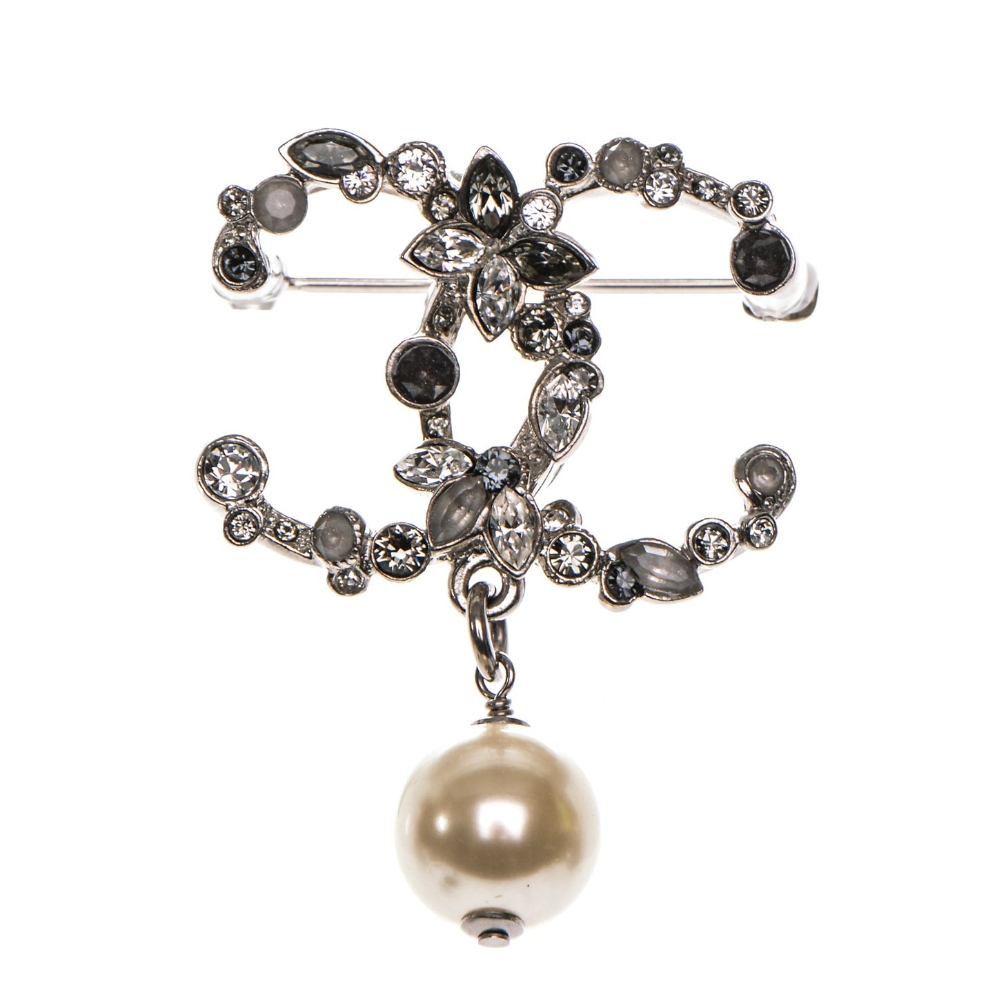 Chanel  Crystal Pearl Drop CC Brooch Silve