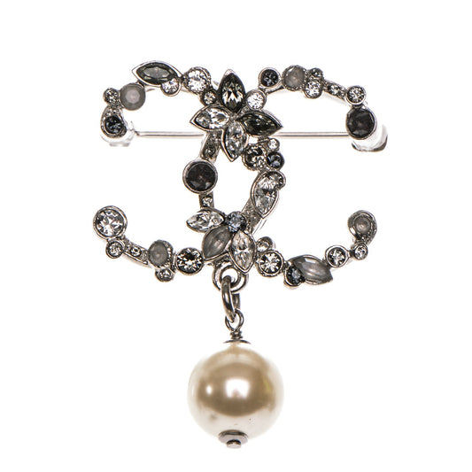 Chanel  Crystal Pearl Drop CC Brooch Silve