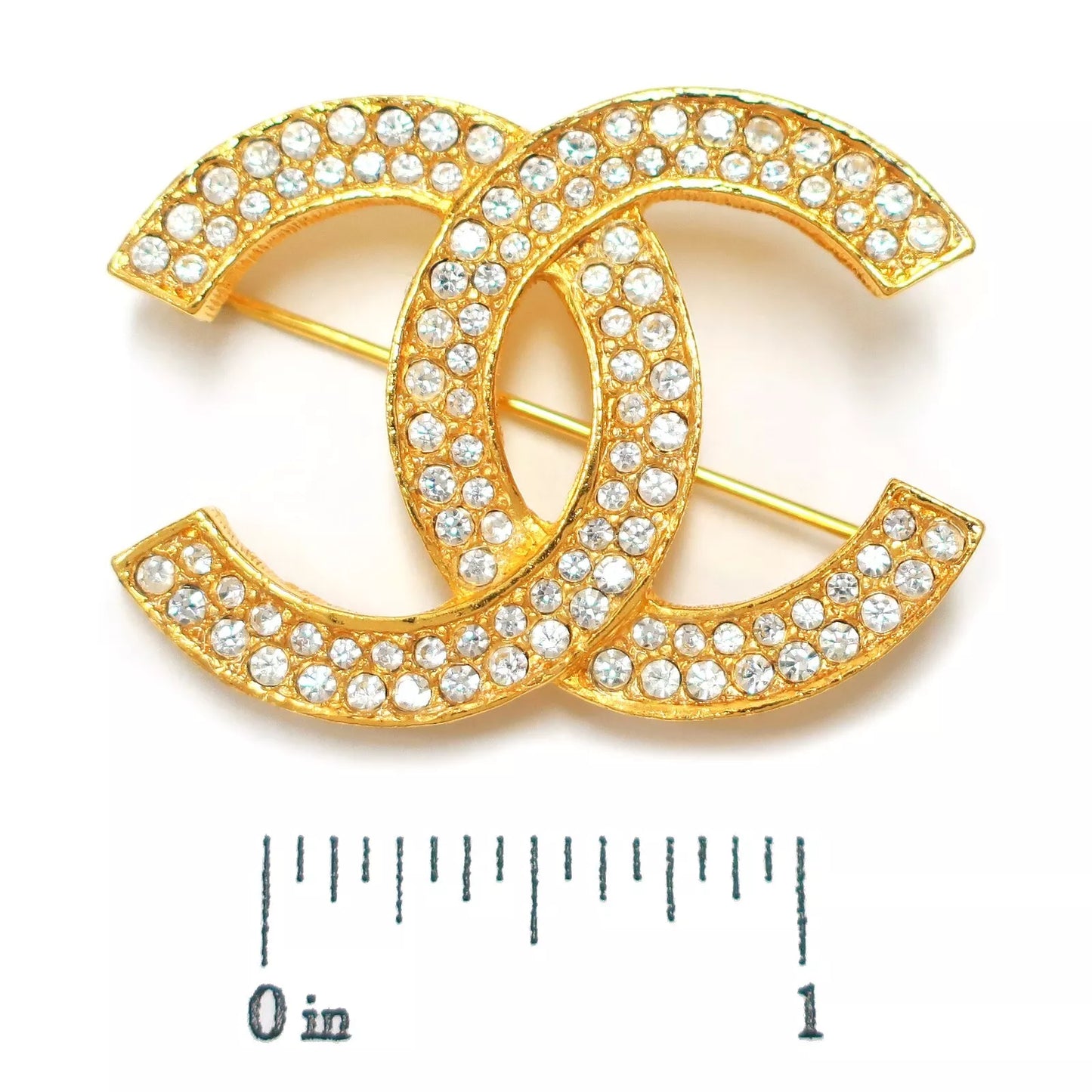 AUTHENTIC CHANEL Gold Plated CC Logos Rhinestone Vintage Pin Brooch
